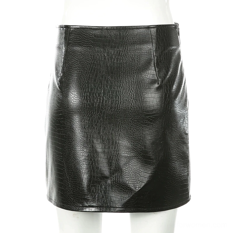 Black crocodile grain PU leather mini skirt front view, high waist with neat hem and structured fit