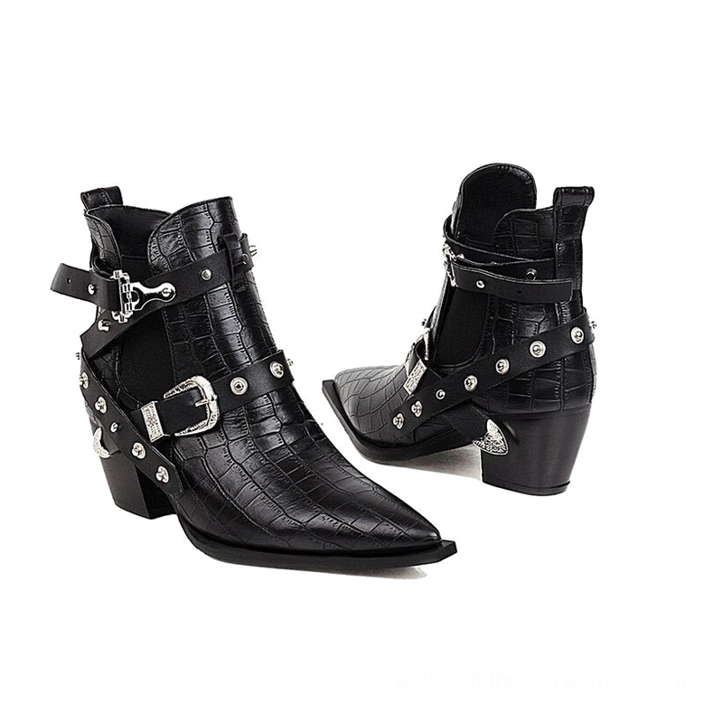 Black crocodile texture gothic ankle boots with side buckle straps displayed in dual view