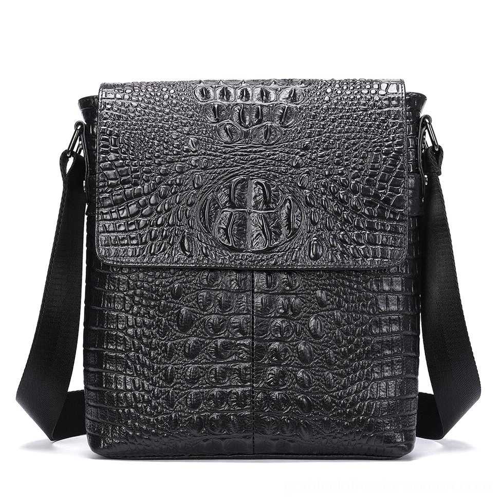 Black gothic crocodile embossed leather crossbody bag front view with embossed logo on flap