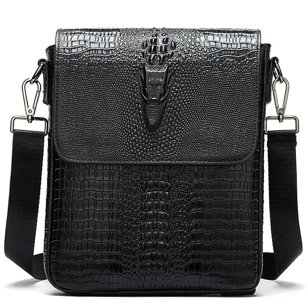 Black crocodile embossed genuine leather messenger bag for men, front flat view with structured flap closure and metal hasp hardware