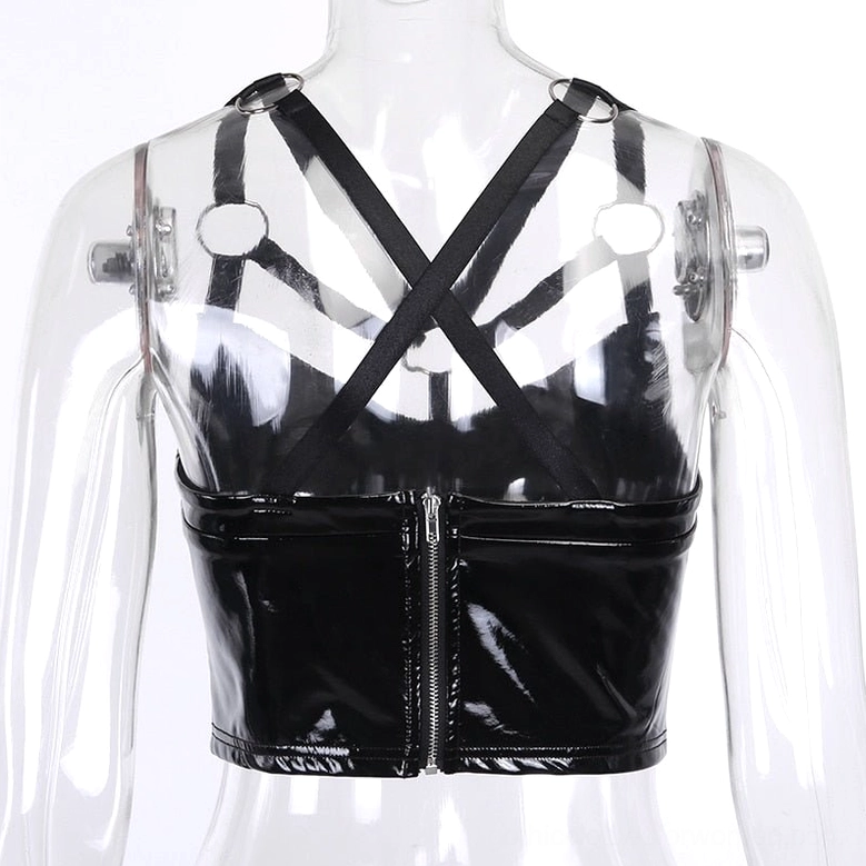 Back perspective of gothic hollow out crop cami on mannequin with zipper closure and crisscross design