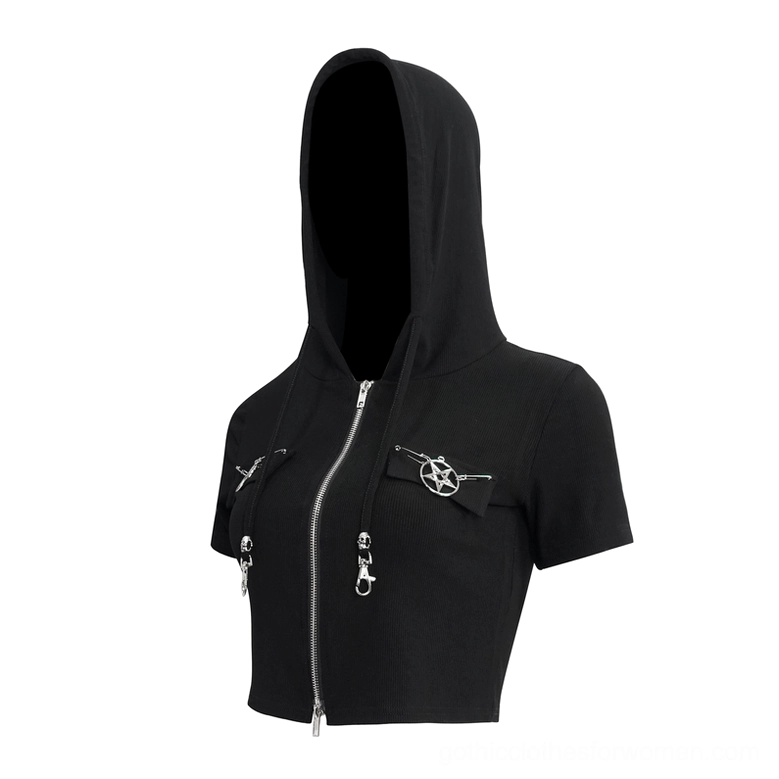 Black pentagram zip crop hooded top front view showing partial pentagram details and cropped short sleeve fit