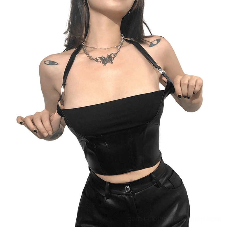Black gothic halter corset crop top close-up detail showing adjustable buckle strap fastenings and square neck panel design