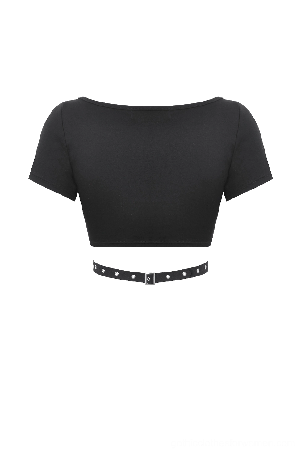 Back flat lay of black crop top featuring waist strap with metal eyelets and cropped length
