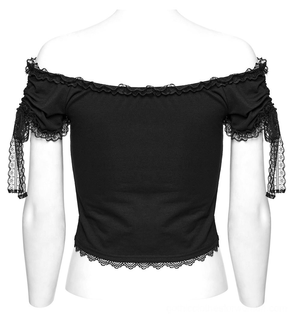 Rear flat lay view of black crop top showing solid black back fabric and lace-trimmed hem