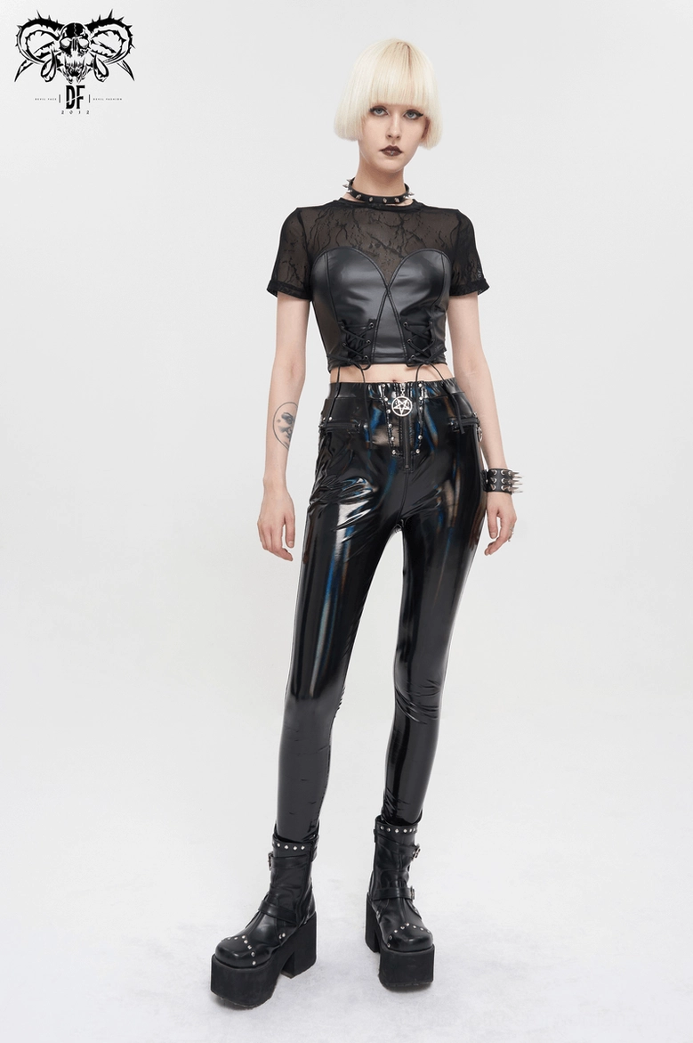 Black lace-up bustier crop top front detail - corset-inspired waist closure with metal eyelets