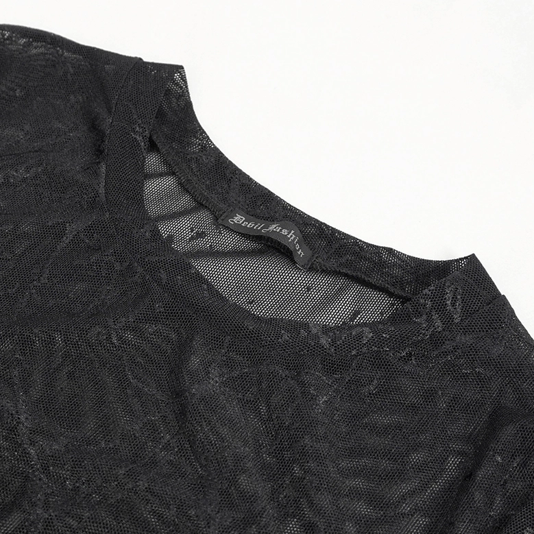 Close-up neckline detail of black lace-up bustier crop top - crew neck with sheer lace fabric and inner tag