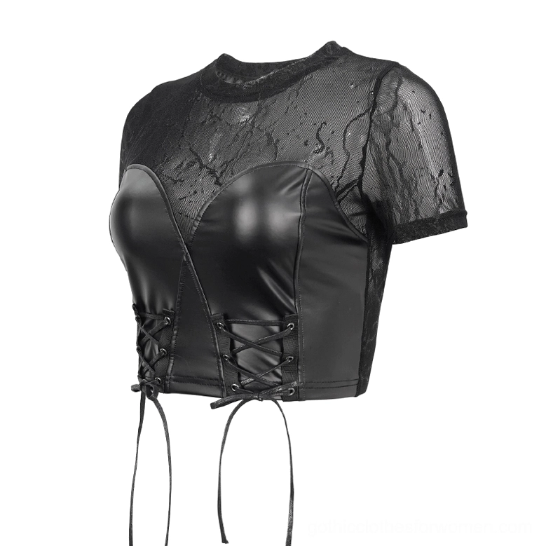 Black PU leather bustier crop top flat lay three-quarter view - lace mesh and corset lace-up detail