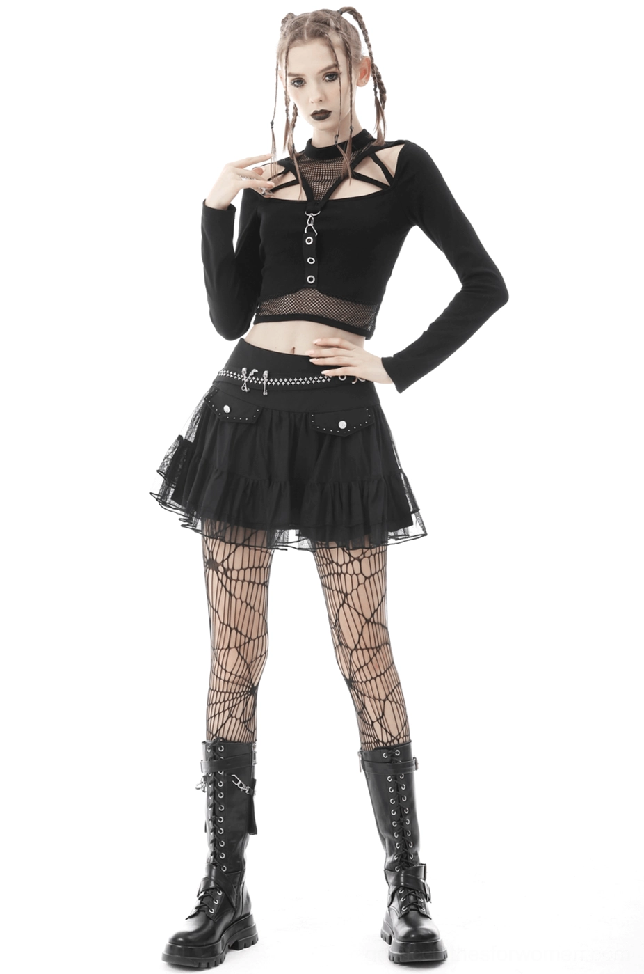Black crop top with fishnet and mesh details, product styling and fit demonstration