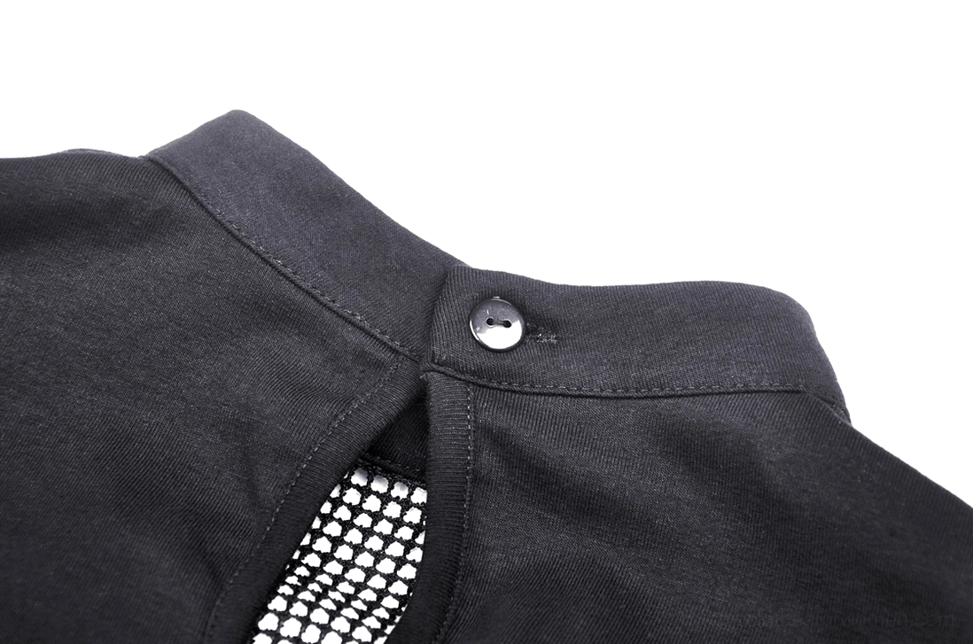 Black gothic crop top with fishnet sleeves and metal hardware, alternative angle showcase