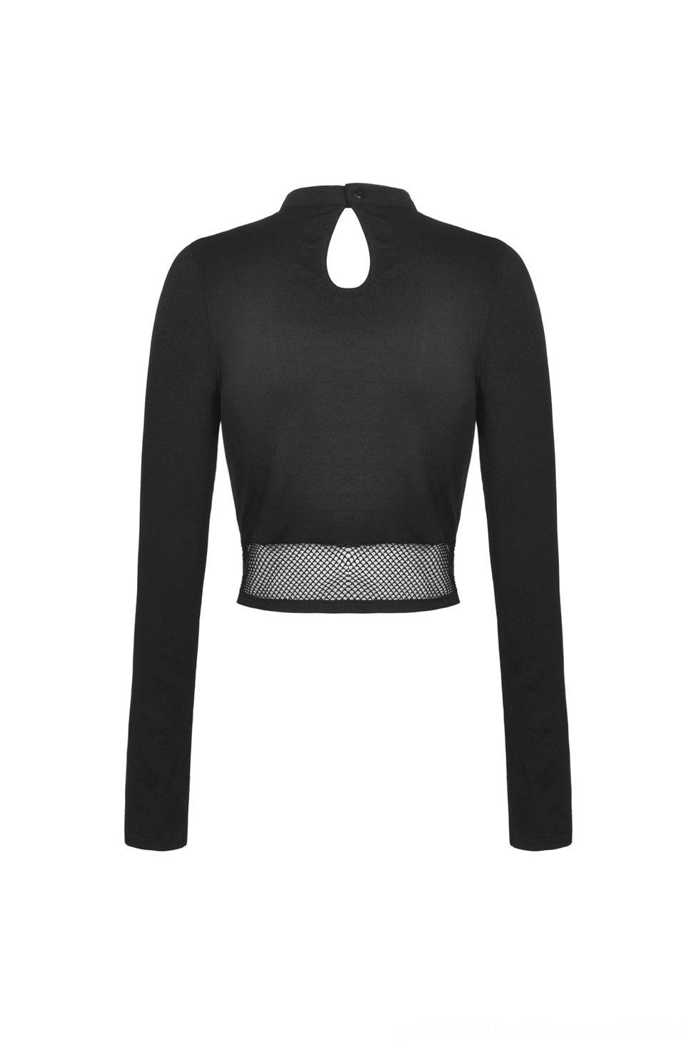 Black gothic crop top with long sleeves and keyhole back neckline, flat lay back view detail