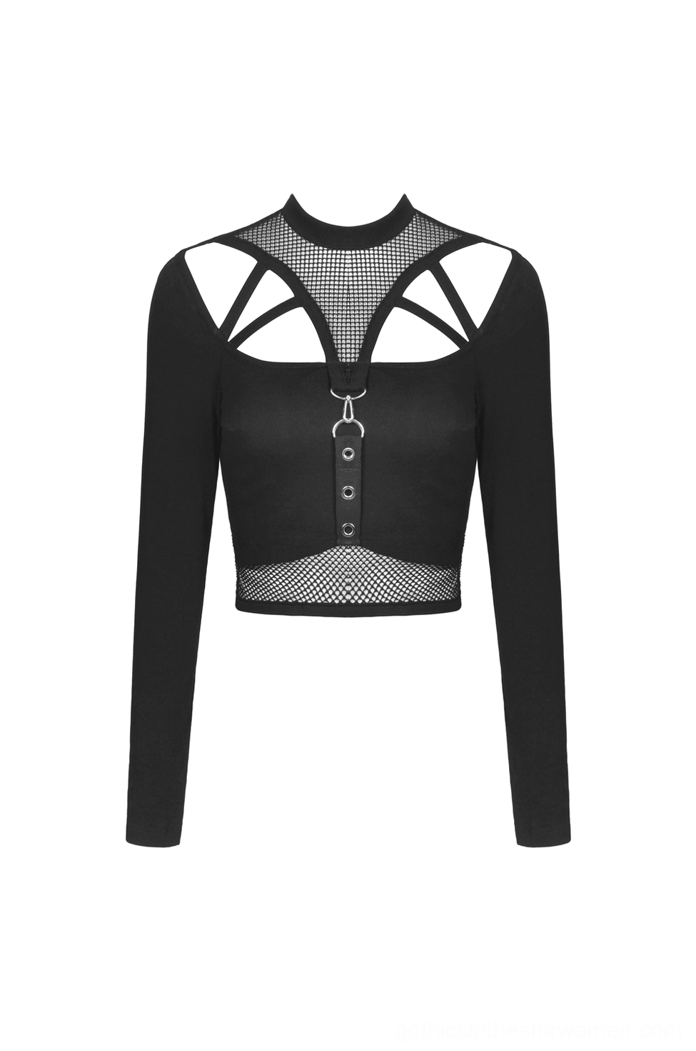 Black gothic crop top with mesh chest panel and front O-ring button strip, flat lay front view
