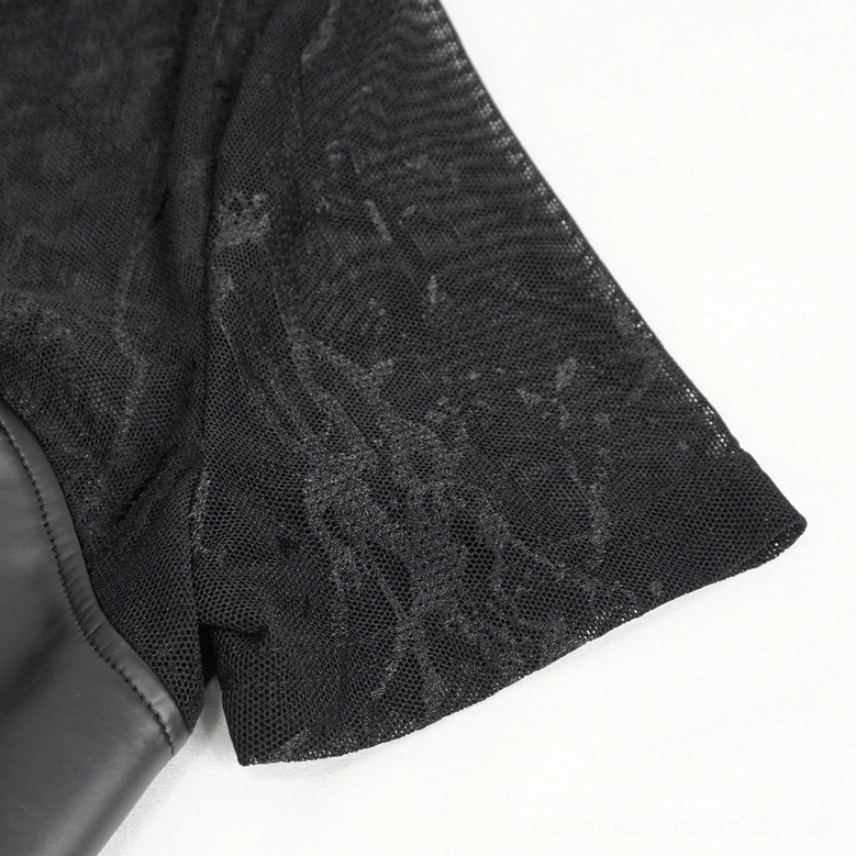 Black bustier crop top sleeve detail - cracked pattern lace mesh with bound edge on short sleeve