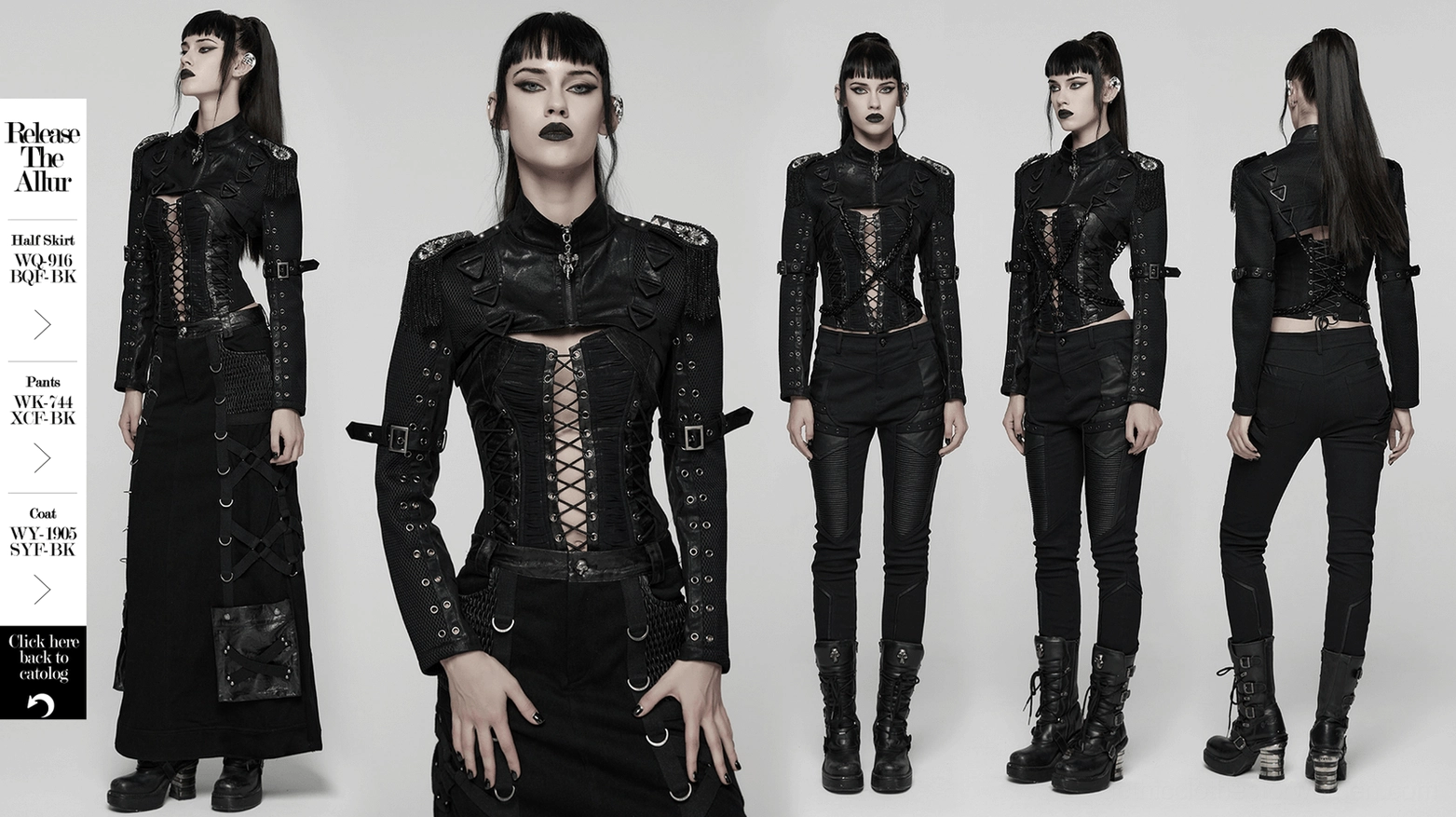Black cropped mesh chain jacket front and back comparison showing lace-up design and harness system