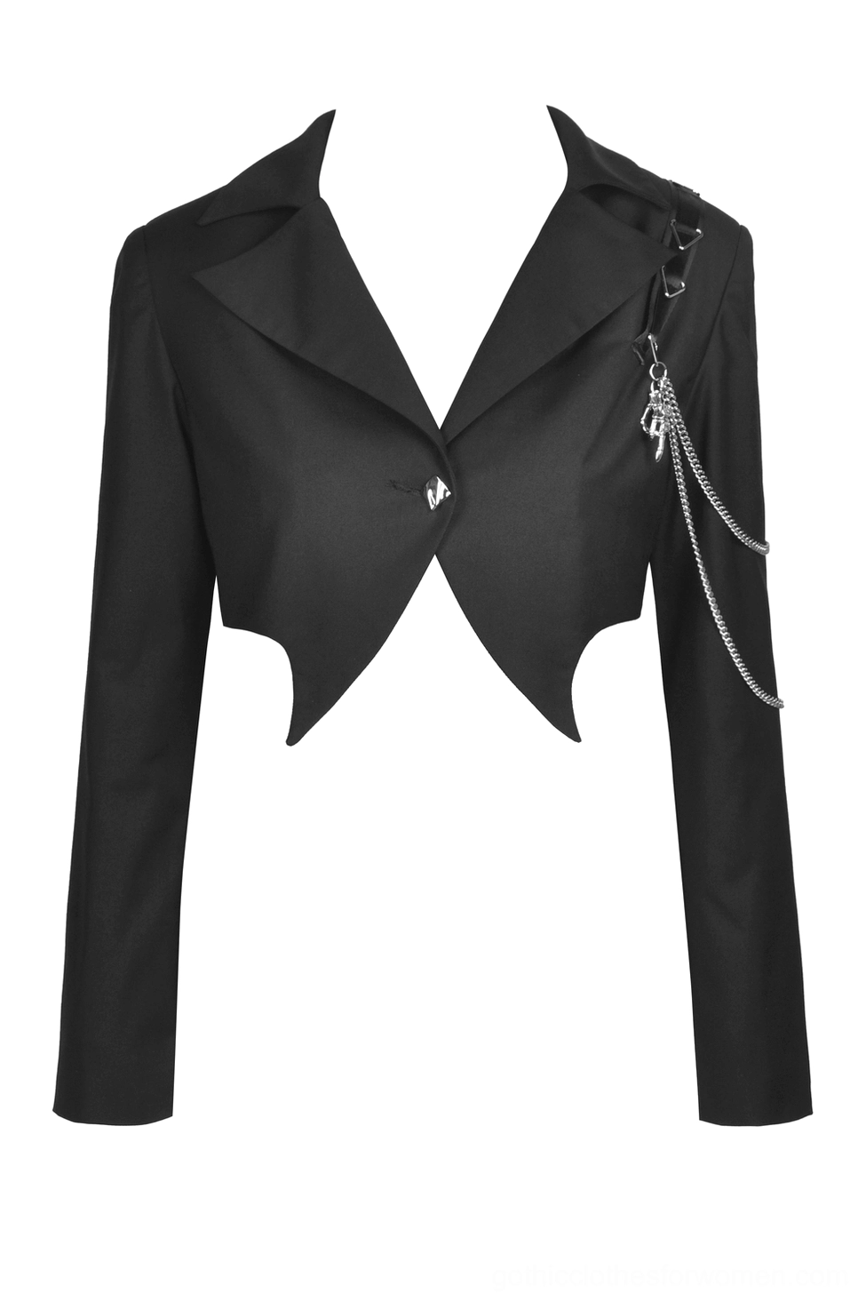 Black cropped goth jacket back flat lay view with chain embellishments and shoulder details