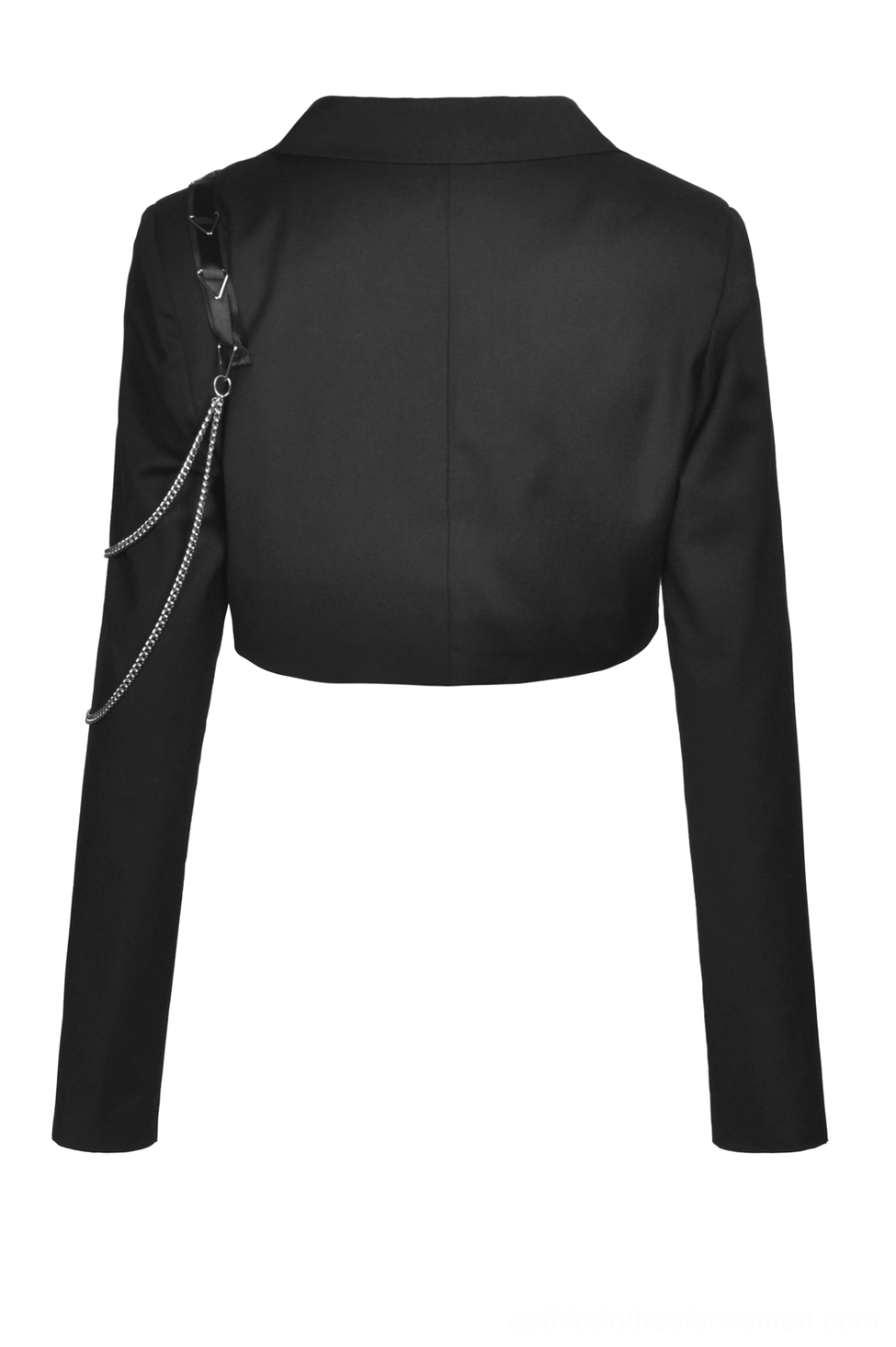 Black cropped goth jacket flat lay front view showing bat-wing hem and silver chain accents