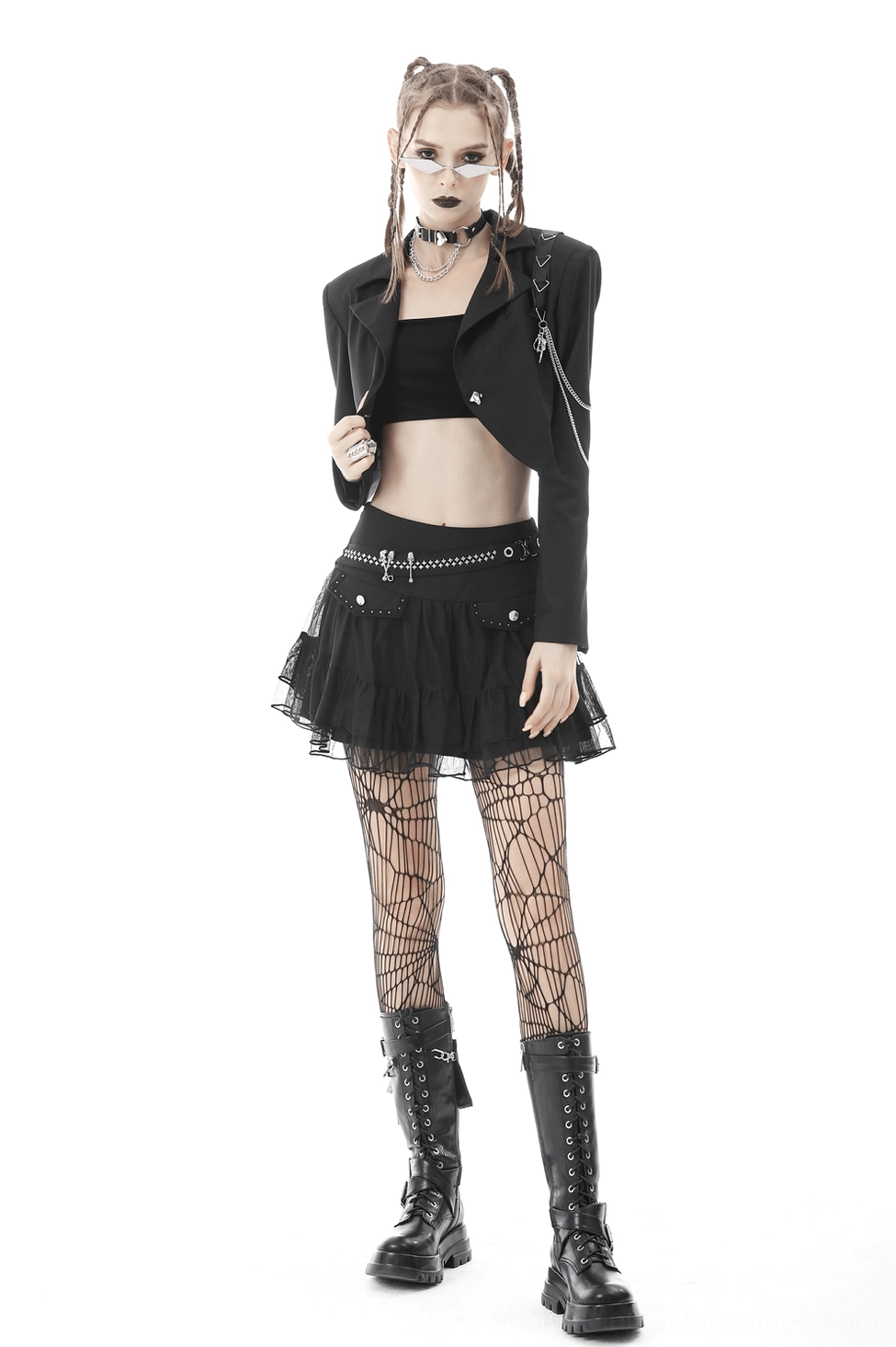 Black cropped goth jacket with chain embellishments, punk-inspired rebellion aesthetic