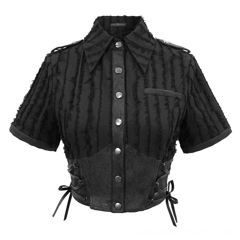 Black gothic blouse flat lay displaying frayed vertical stripes, corset-style waist panel, and side lace-up ties