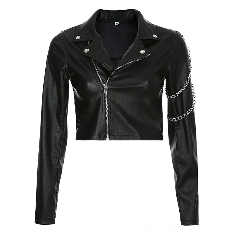 Flat lay display of black PU leather cropped biker jacket with silver chains and notch lapel
