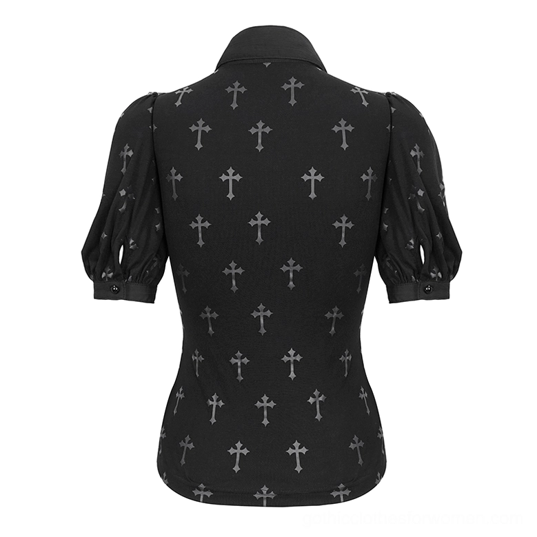 Black cross gothic blouse back flat lay, featuring puff short sleeves and all-over cross print repetition