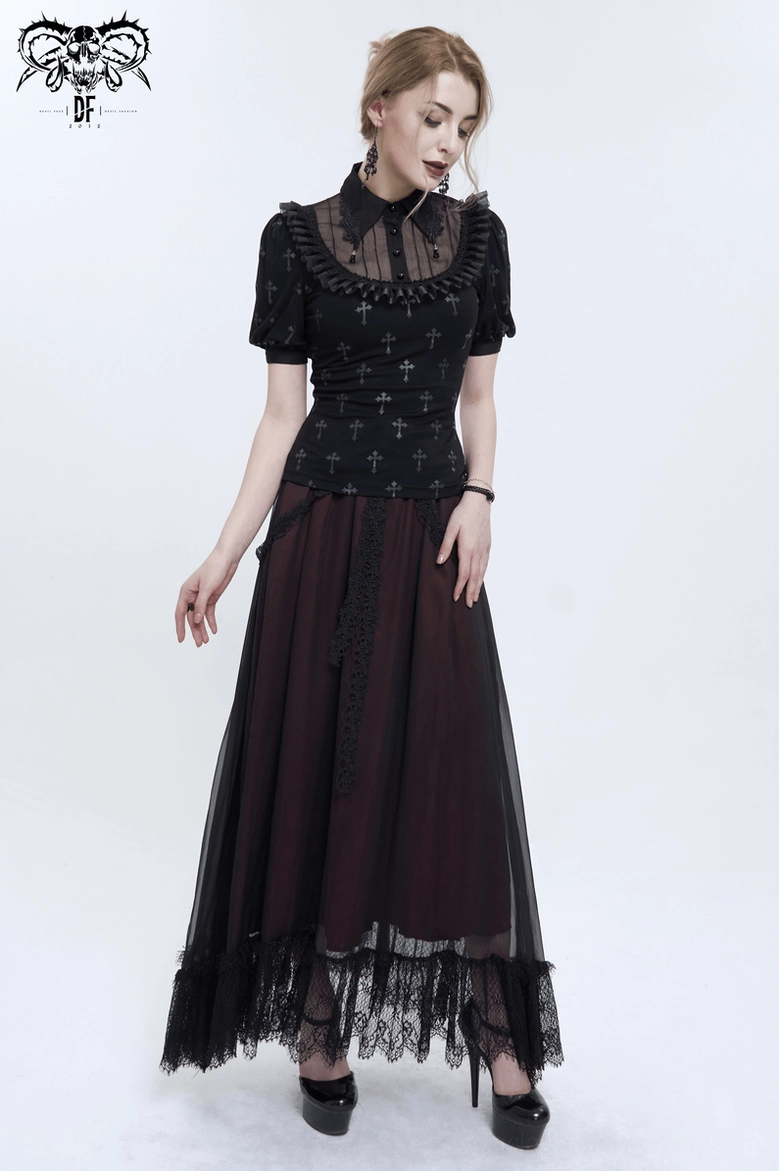 Black cross gothic blouse detail shot emphasizing cross print pattern density and fabric quality