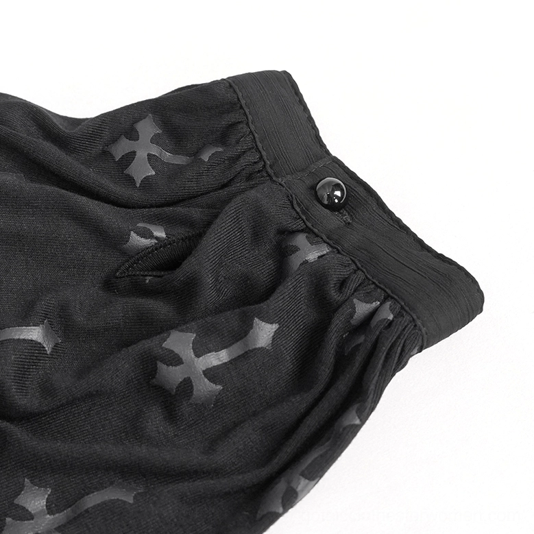 Black cross gothic blouse three-quarter angle showing fabric drape and cross pattern distribution