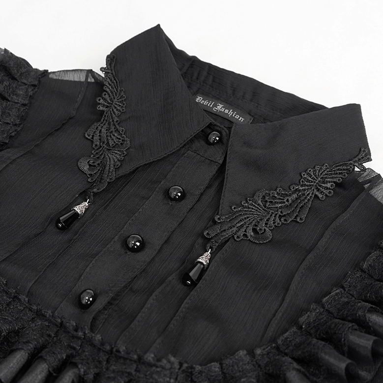 Black cross gothic blouse front mannequin display showing structured fitted cut and overall silhouette