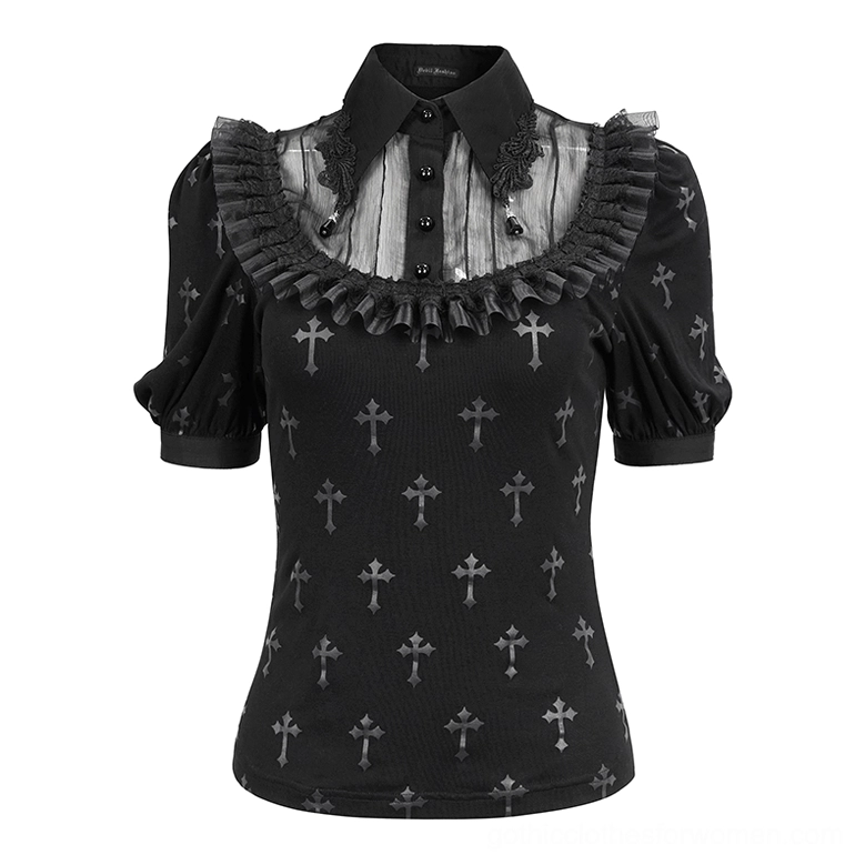 Black cross gothic blouse flat lay front view, displaying grey cross prints and ruffled lace turndown collar