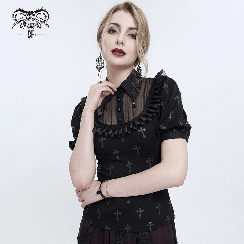 Black cross gothic blouse close-up detail of lace turndown collar and hand pose showcasing collar trim craftsmanship