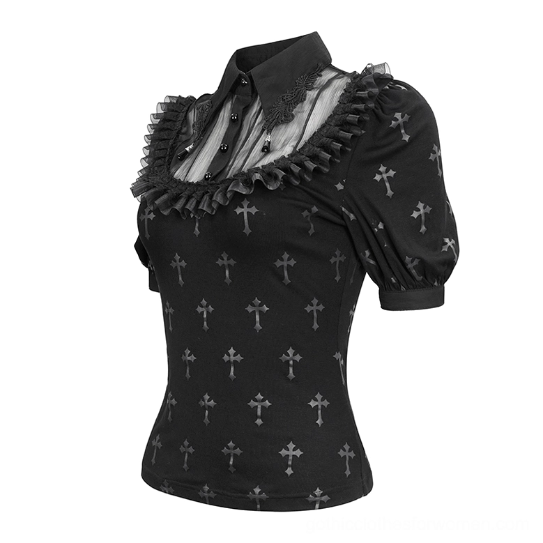 Black cross gothic blouse mannequin front view, showing sheer mesh yoke and puff sleeves with button details