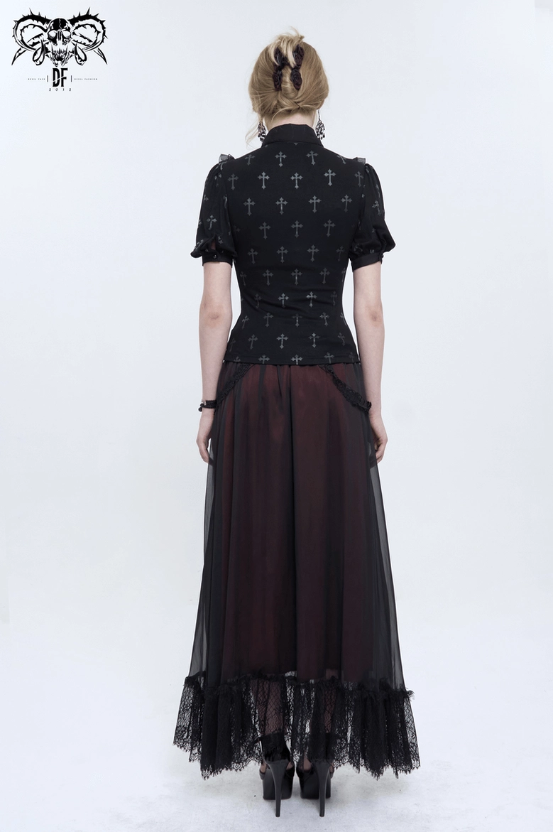 Black cross gothic blouse full back view with model wearing long black lace-hemmed tulle skirt and high heels