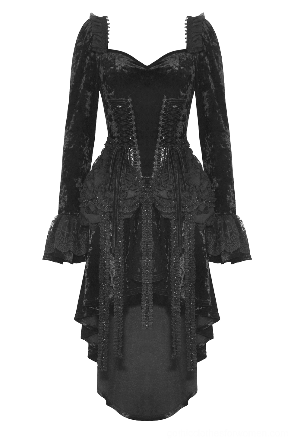 Black crushed velvet gothic dress flat lay front view displaying sweetheart neckline, corset lace-up front, and ruffled skirt
