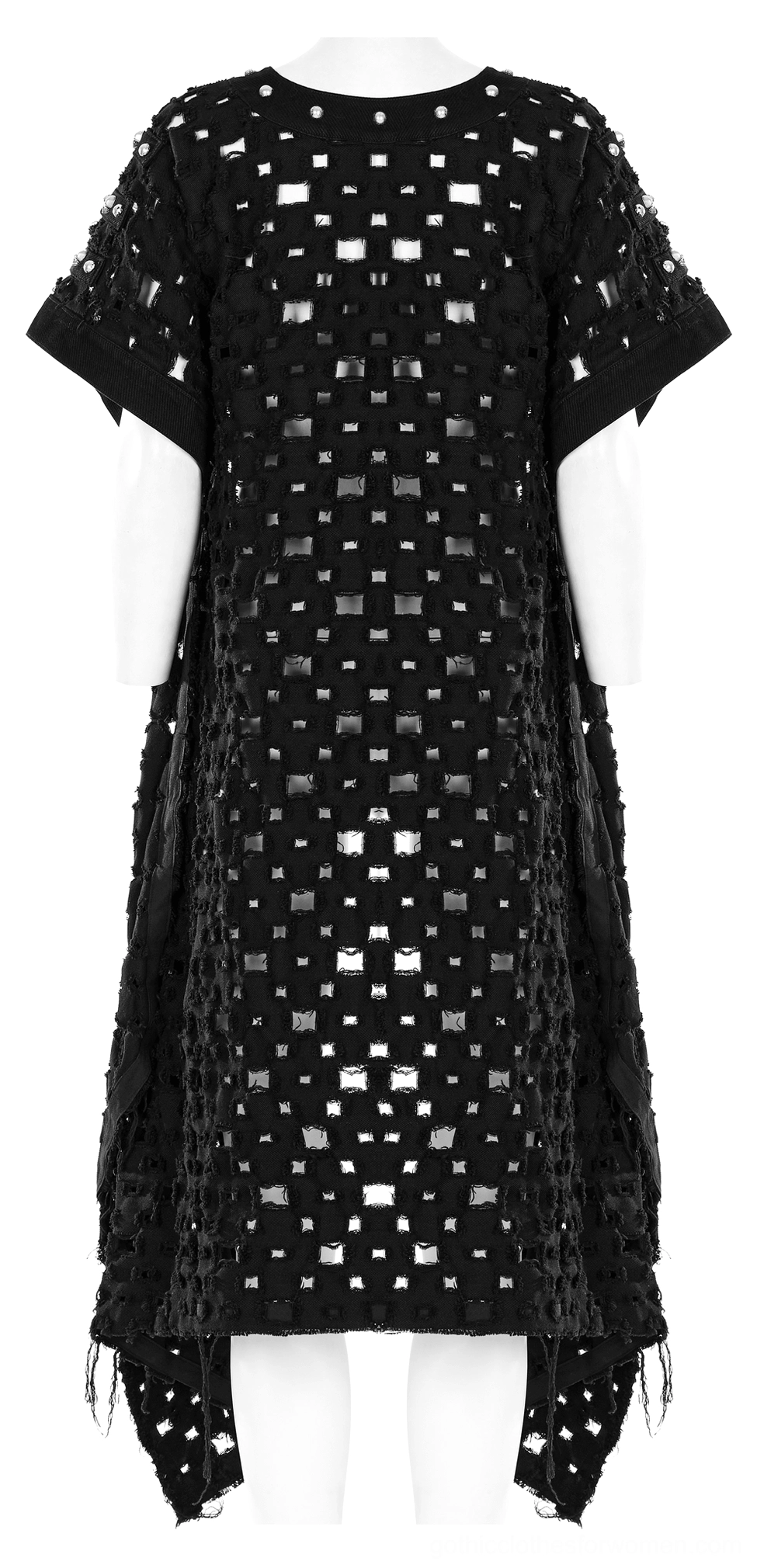 Black square cutout long cape cardigan with frayed distressed hem and short sleeves, full view on mannequin