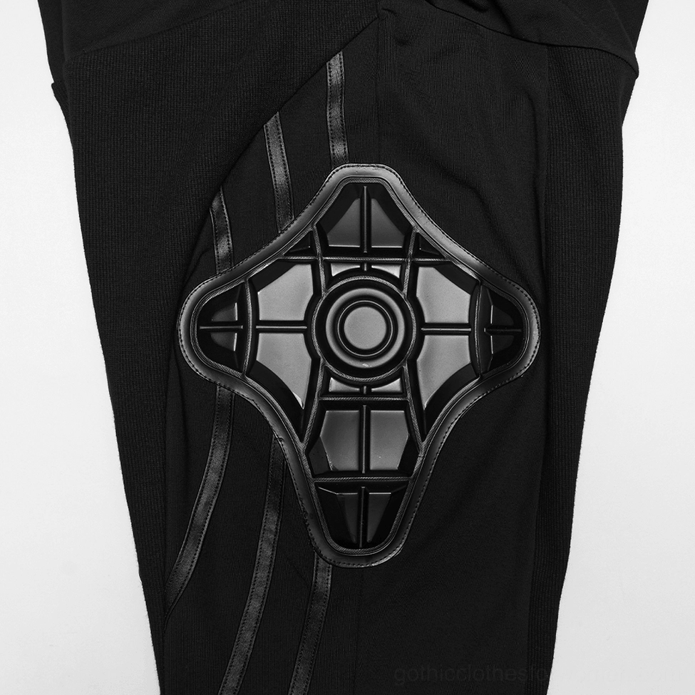 Extreme close-up of black cyberpunk armor leggings 3D side armor component in matte black rubber showing geometric futuristic design texture