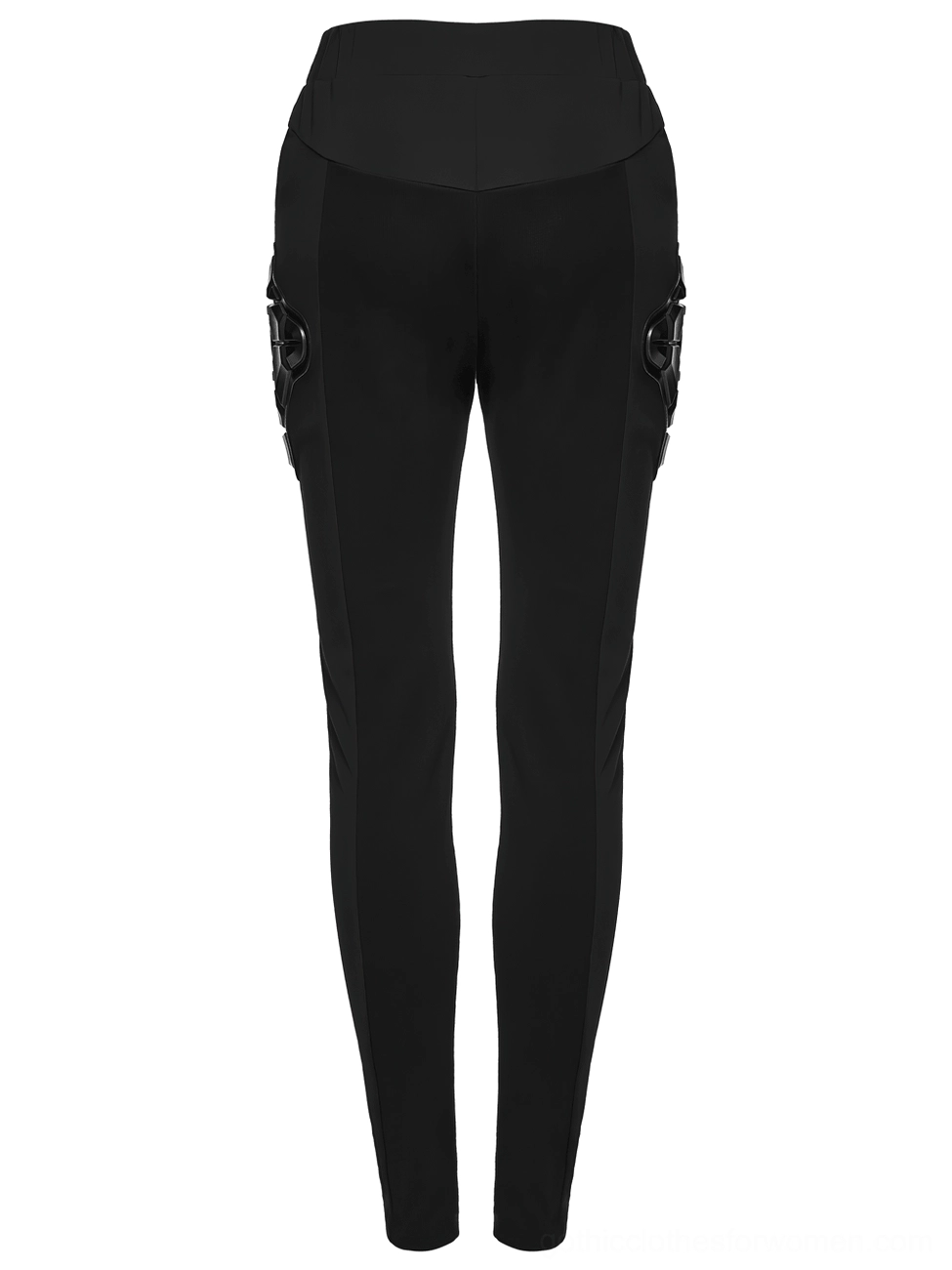 Black cyberpunk armor leggings rear flat lay product view showing high waistband and structured rear hip armor design elements