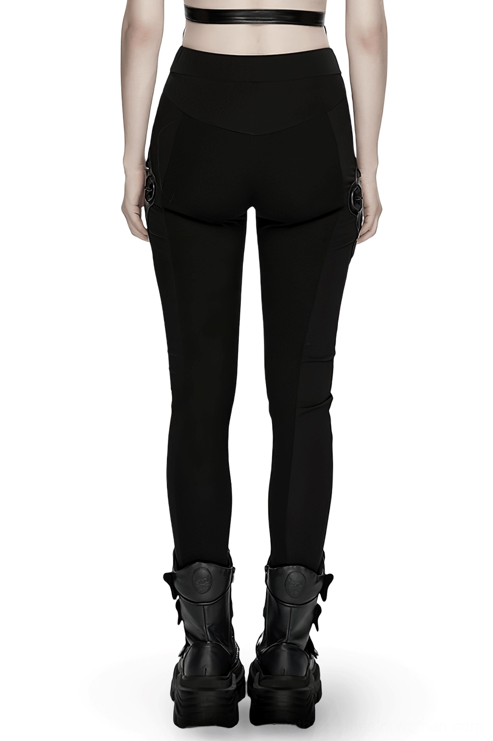 Black cyberpunk armor leggings rear full view on model, high-waisted close fit design with 3D geometric side panels and structured back armor details