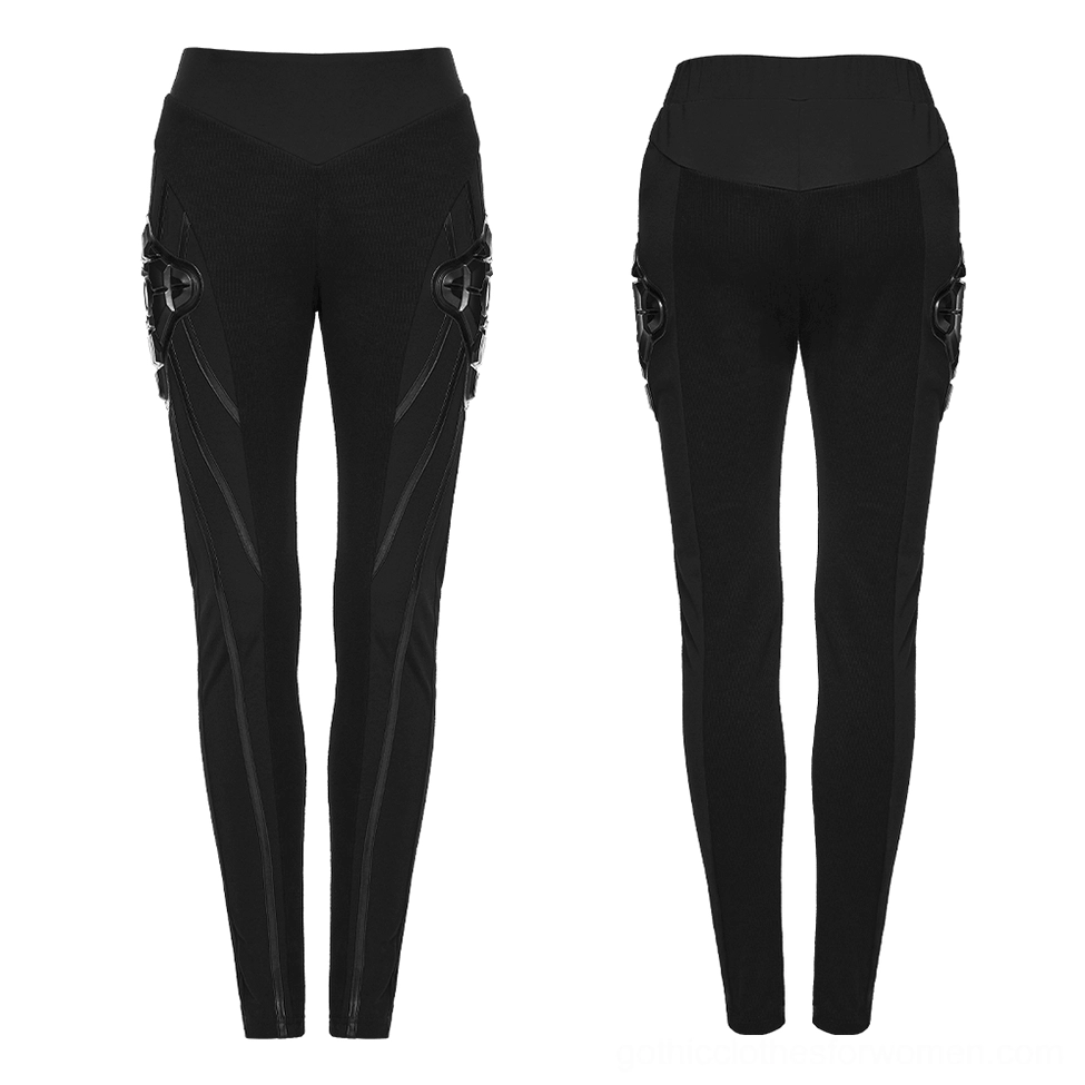 Black cyberpunk armor leggings flat lay dual view showing front and rear design with prominent 3D hip armor, striped side panels, and architectural seaming