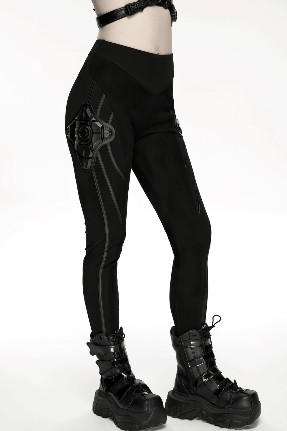 Black cyberpunk armor leggings full body view on model showcasing complete silhouette with all architectural elements and armor panels