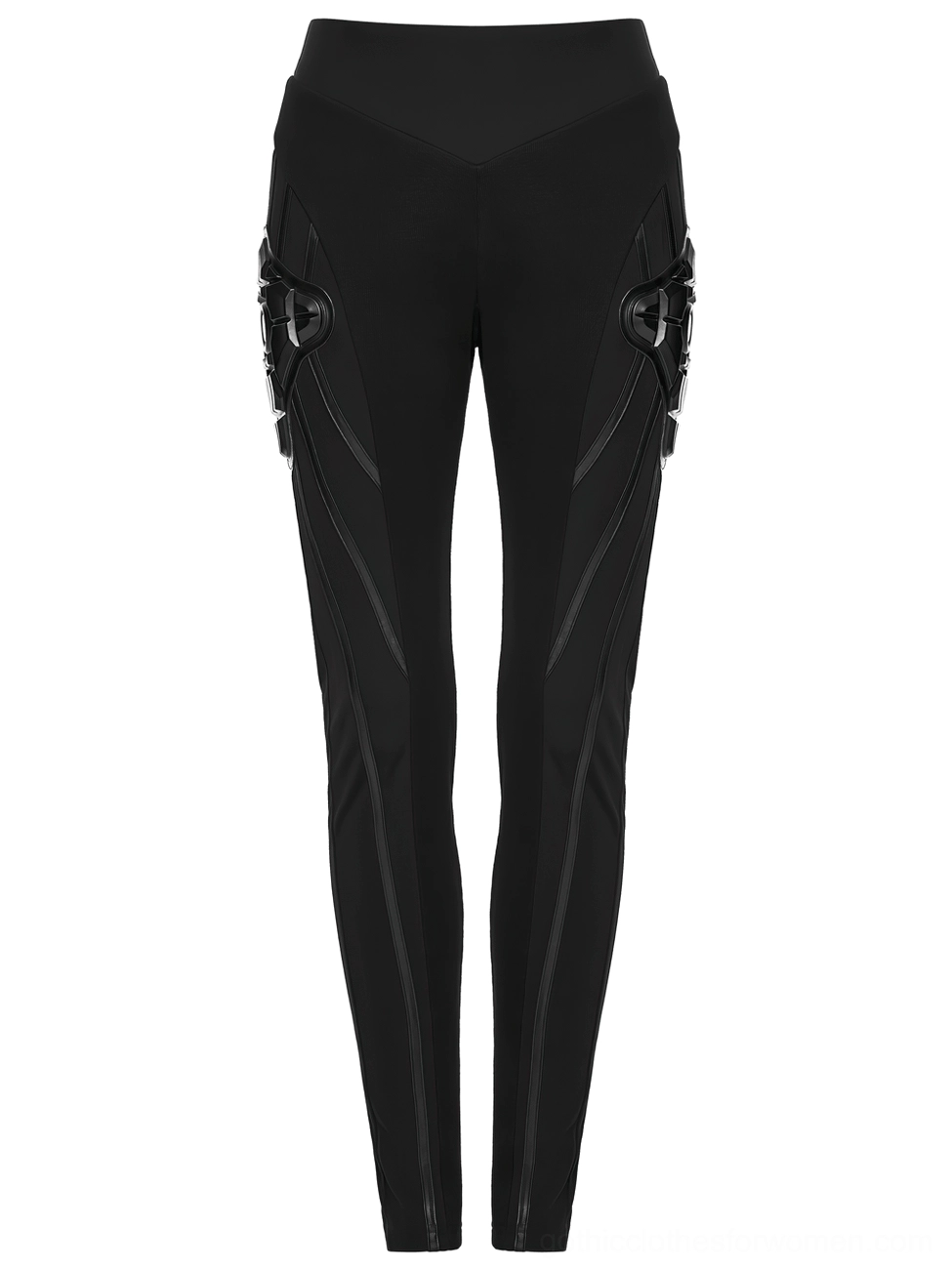 Black cyberpunk armor leggings front flat product shot displaying high waist with 3D hip armor accents and precision-sculpted panel construction