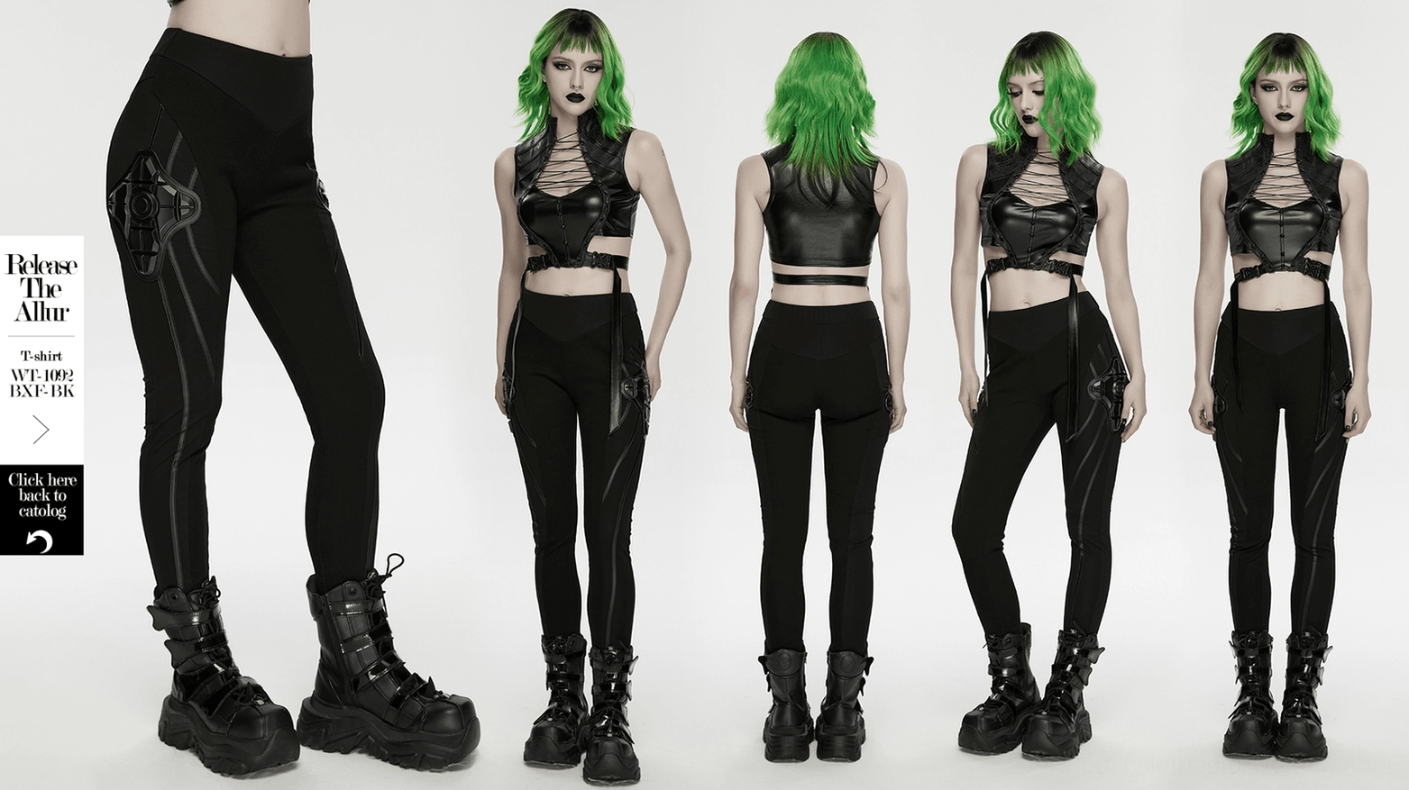 Black cyberpunk armor leggings leg silhouette on model showing how segmented seaming refines leg shape and creates visual structure