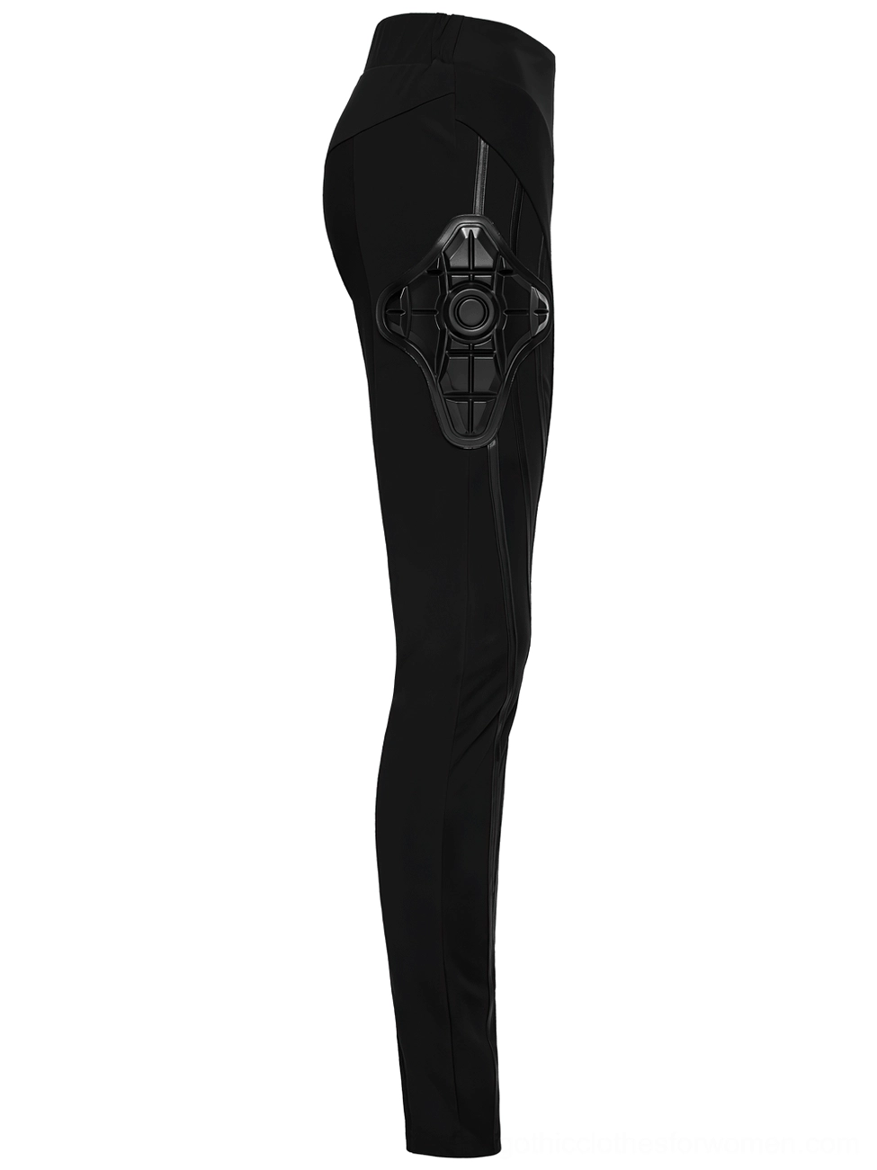 Black cyberpunk armor leggings left side flat lay close-up showcasing geometric 3D hip armor element and vertical seam architecture