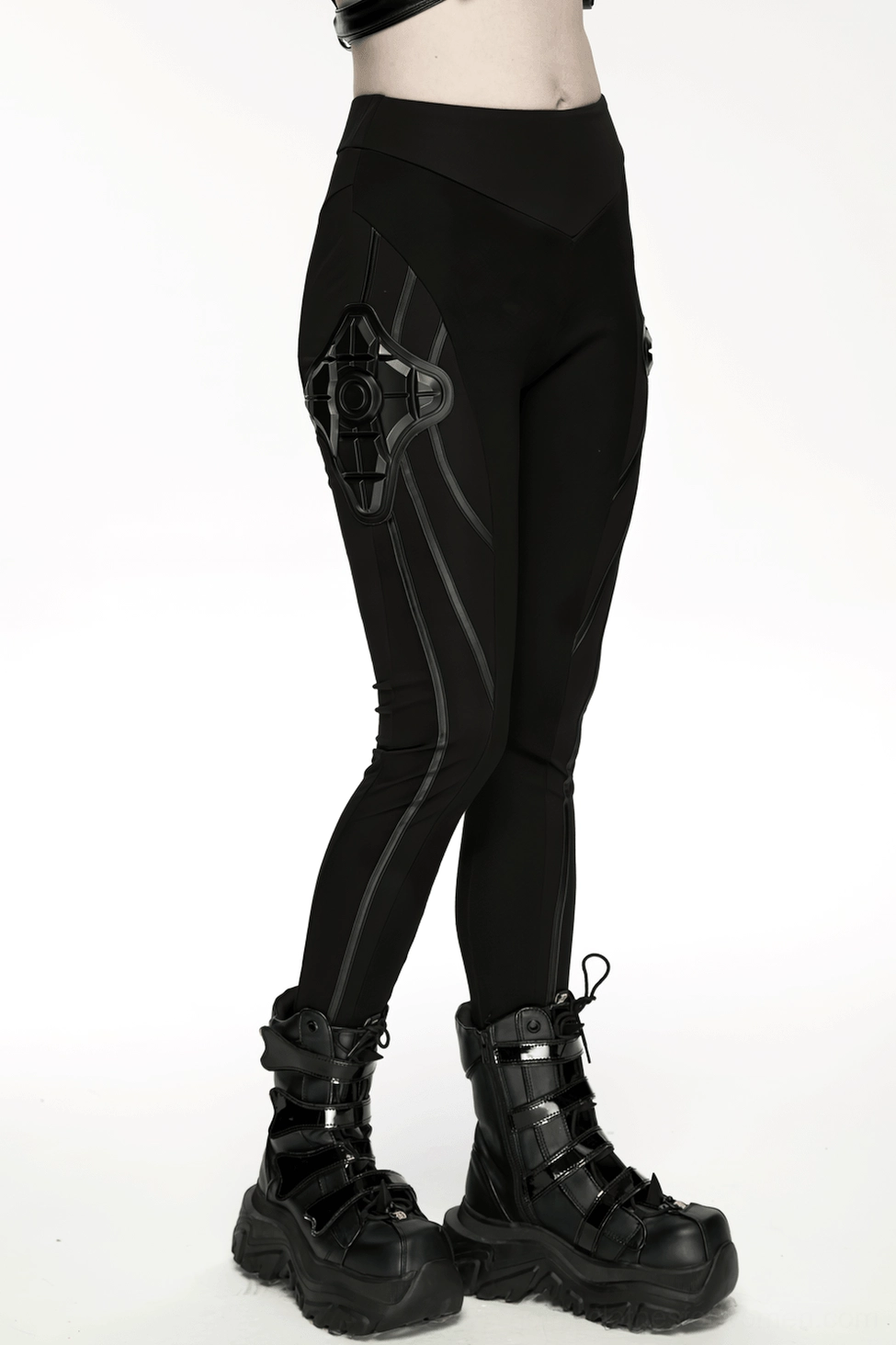 Black cyberpunk armor leggings side profile on model displaying lateral segmented panel design and 3D armor sculptural form