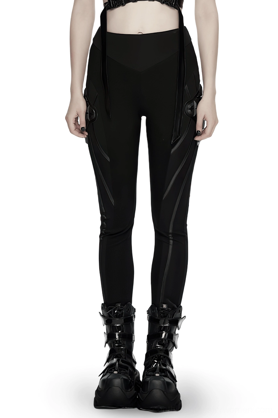 Black cyberpunk armor leggings waistband and upper torso detail on model showing high-waisted fit and 3D hip armor integration