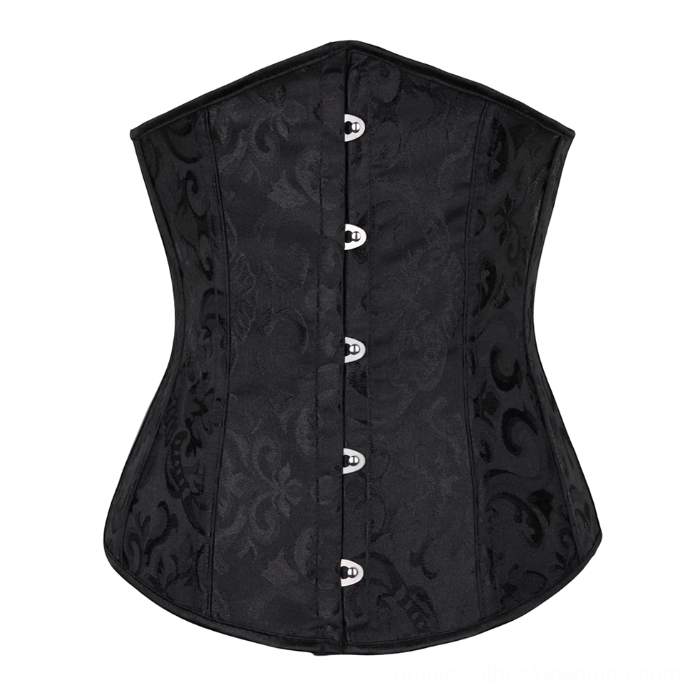 Black damask lace-up gothic corset with jacquard weave and front button closure, flat lay studio view
