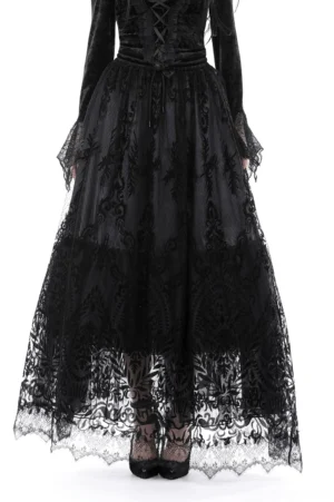 Black flocked damask lace maxi skirt front view on model - gothic victorian style full length