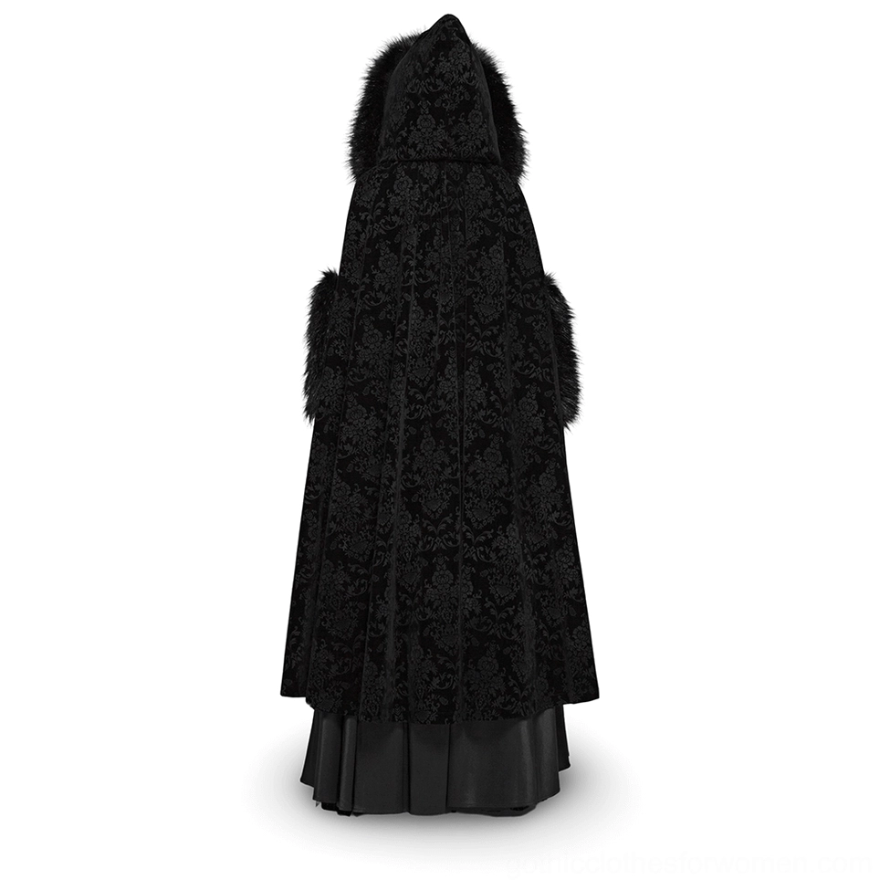 Black damask velvet Gothic cloak rear view showing dramatic full-length silhouette and faux fur hood trim