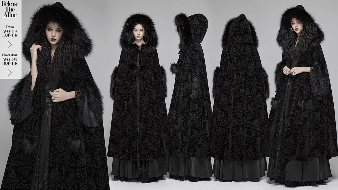 Black damask velvet Gothic hooded cloak front flat display with signature pom-pom fastening detail