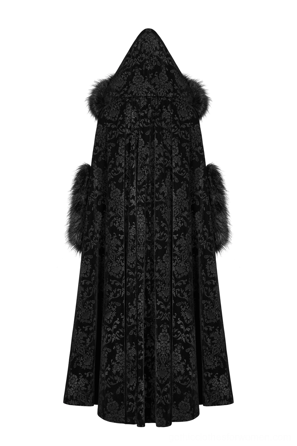 Black damask velvet Gothic cloak rear flat view displaying faux fur hood and sleeve trims