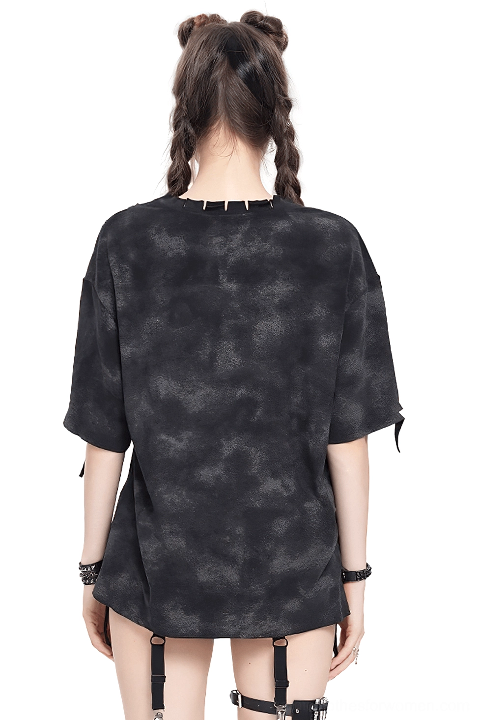 Distressed demon graphic gothic tee back view showing raw neckline and tie-dye texture on female model