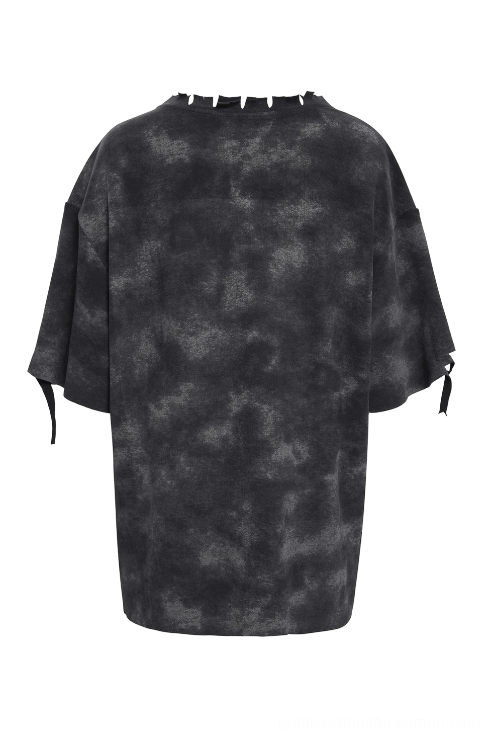 Back flat lay view of distressed demon graphic gothic tee displaying tie-dye finish and raw side slits